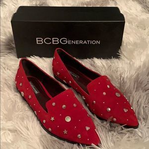 {BCBGeneration} Red Studded Pointy Flats Size 9